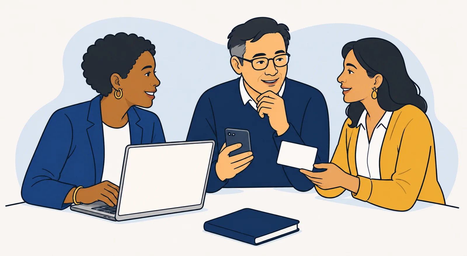 Three multicultural professionals discussing career tools together