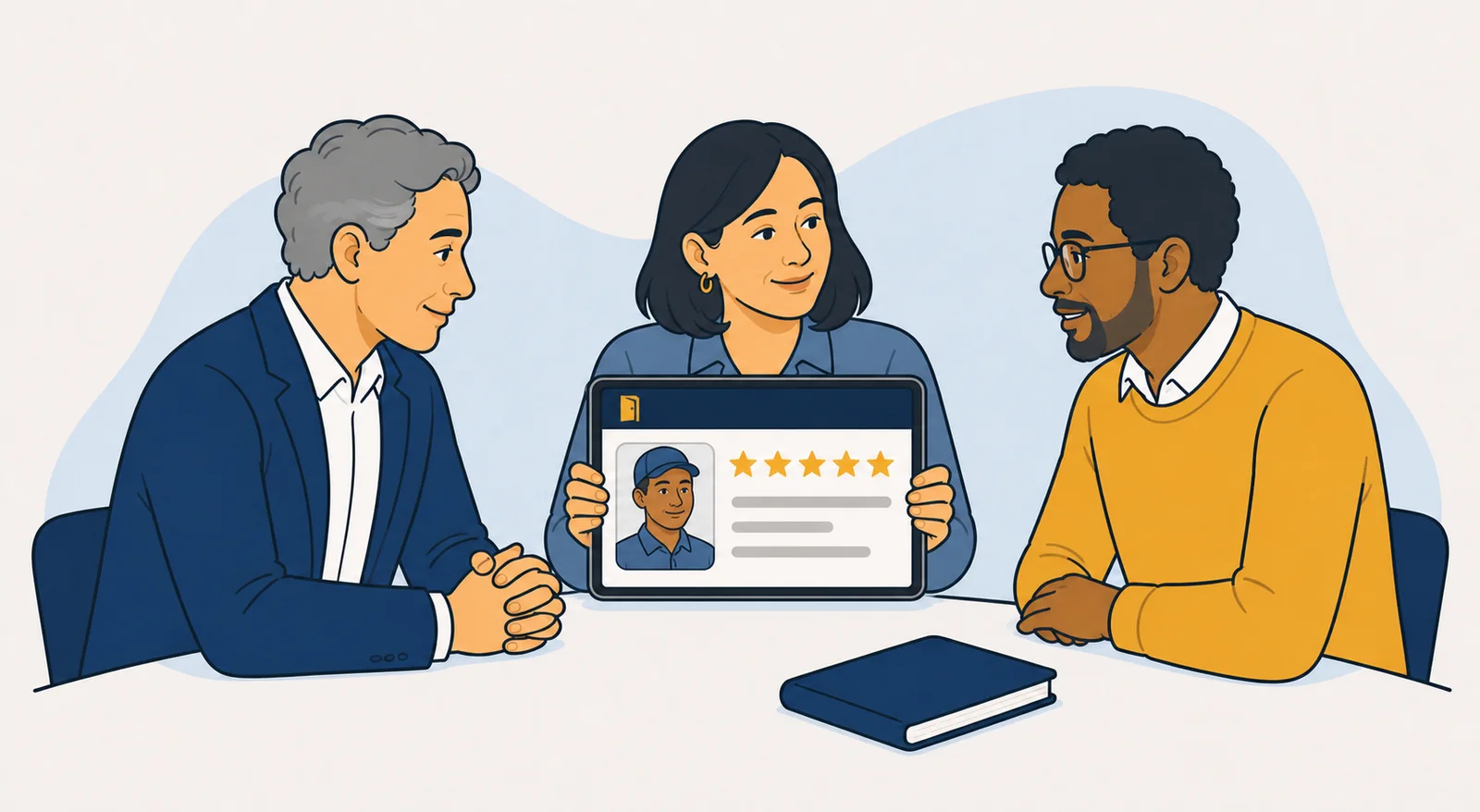 A coworker presents a five-star Sidedoor worker review on a tablet