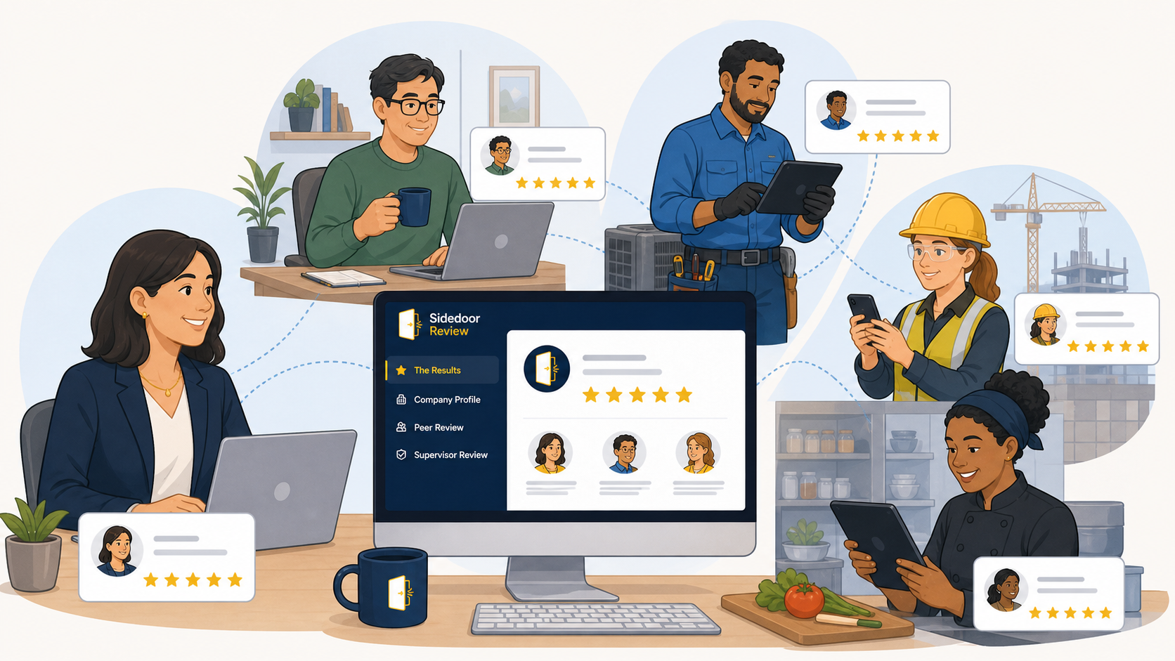 A diverse five-star Sidedoor team of office, remote, technical, construction and service workers using phones, tablets, laptops and a desktop display