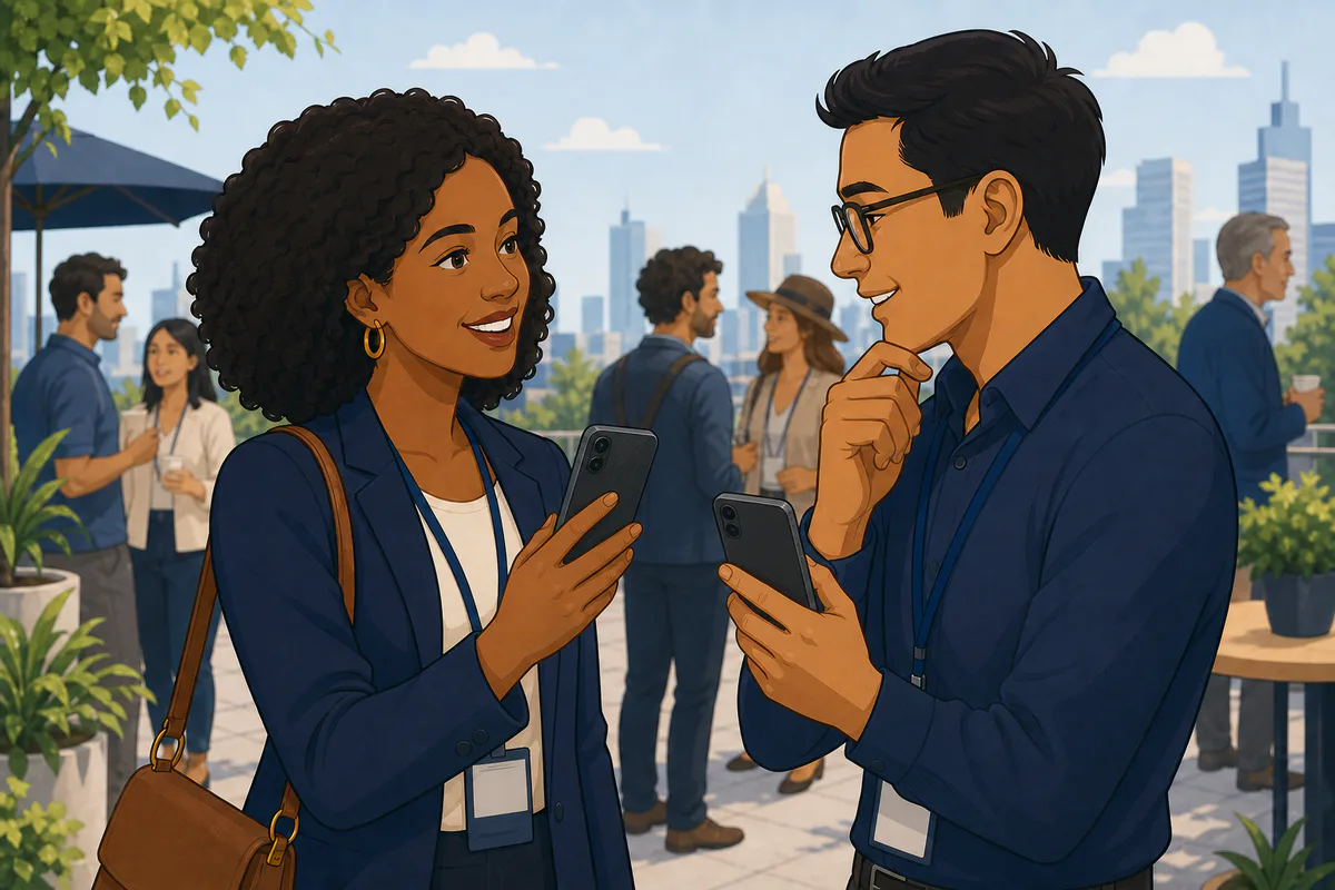 Two professionals holding phones naturally at an outdoor industry event