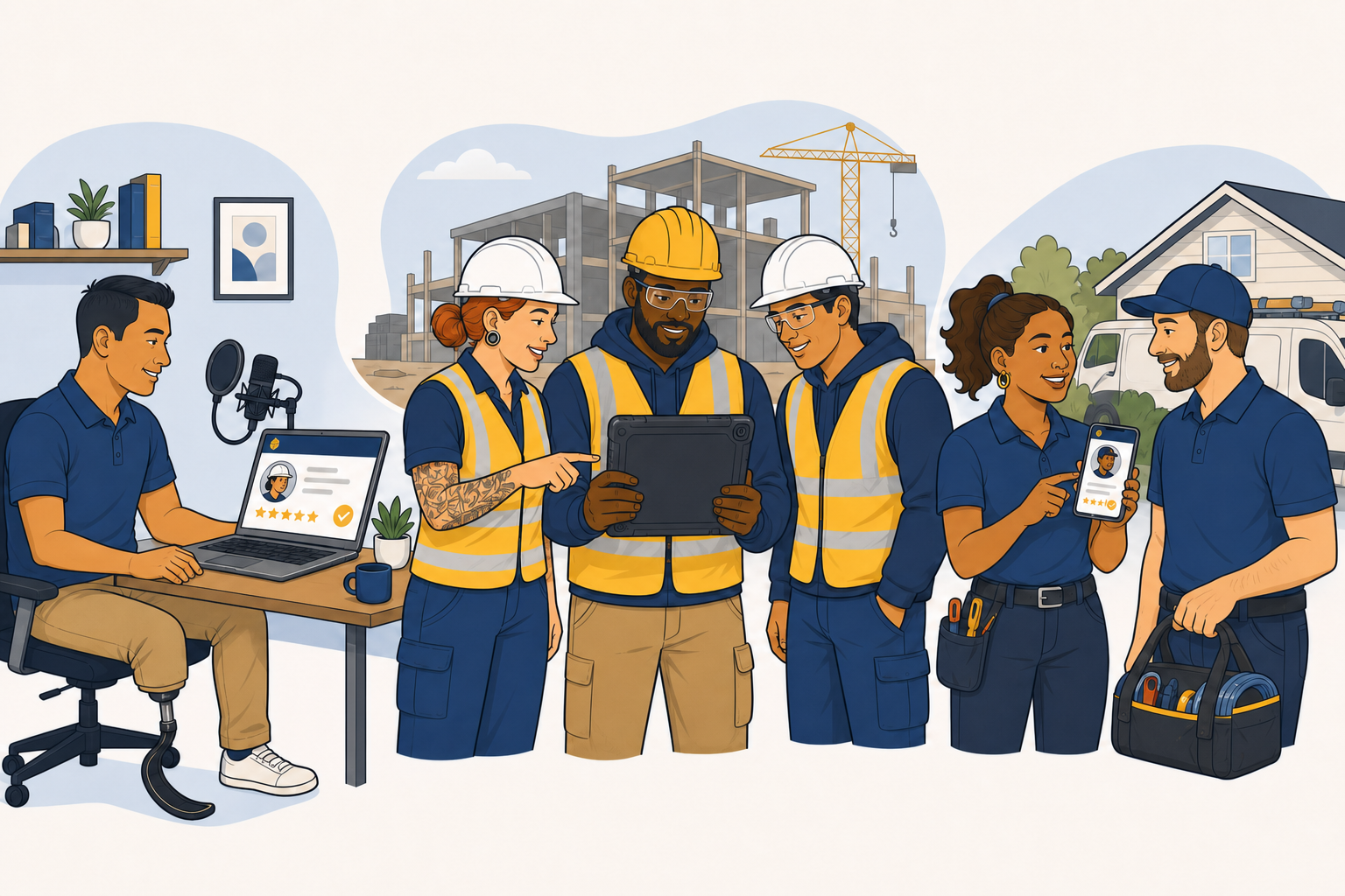 Professionals in an accessible home studio, at a construction site and at a home-service job give different colleagues five-star Sidedoor reviews