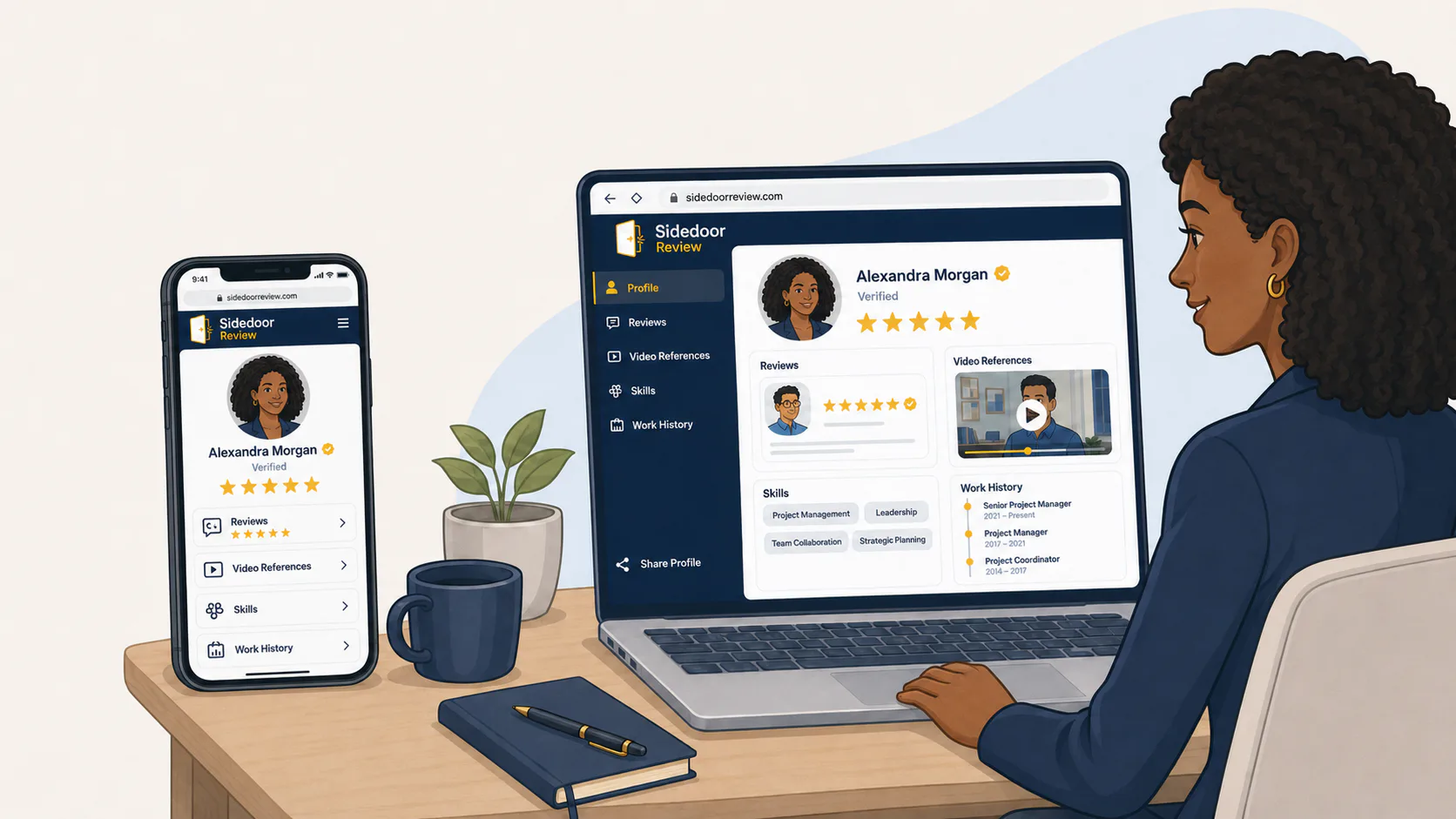 Professional viewing her verified Sidedoor Review profile, peer reviews, video references, skills and work history