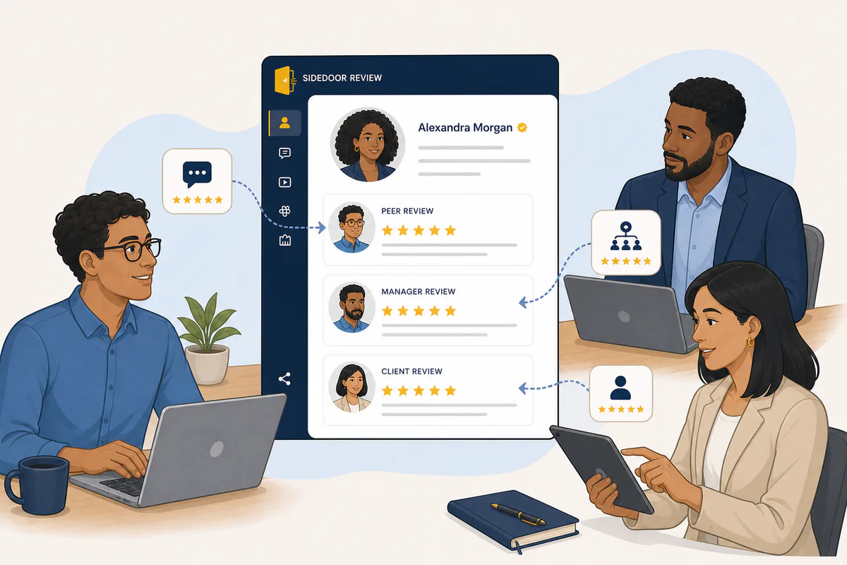 Peers, a manager and a client contributing accountable reviews to a Sidedoor professional profile